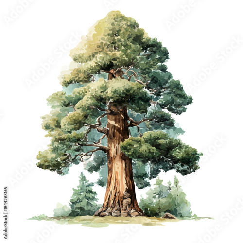 Watercolor painting of Sequoia Tree, vector illustration, isolated on white background.