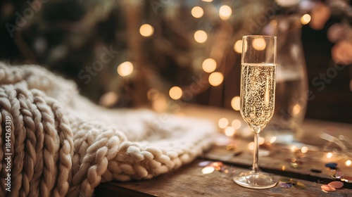 A champagne flute with golden bubbles on a wooden table beside a cozy blanket and festive confetti.