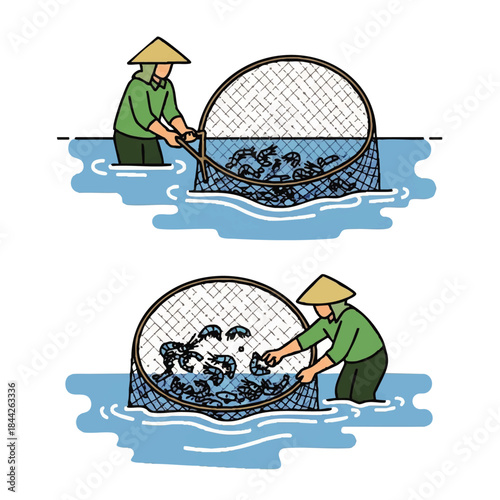 Fisherman catching fish with net in traditional Asian style illustration