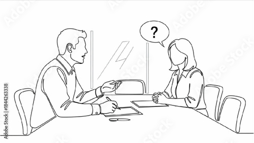 High-Quality Black Continuous Line Art of Compensation Discussion Between Manager and Employee at Meeting Table