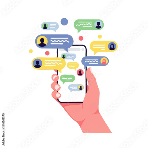 Hand holding smartphone with colorful social media chat bubbles