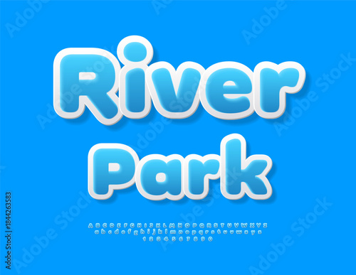 Vector natural template River Park. Cute Blue Sticker Font. Artistic Alphabet Letters and Numbers set.