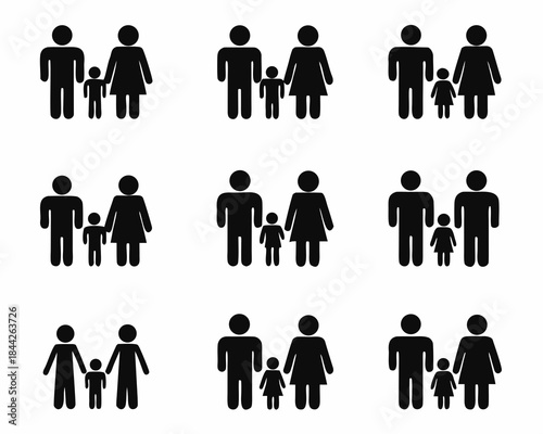 Diverse family unit icons depicting parents and children in various configurations