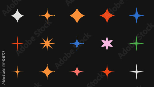 A collection of colorful star and sparkle shaped graphic elements on black