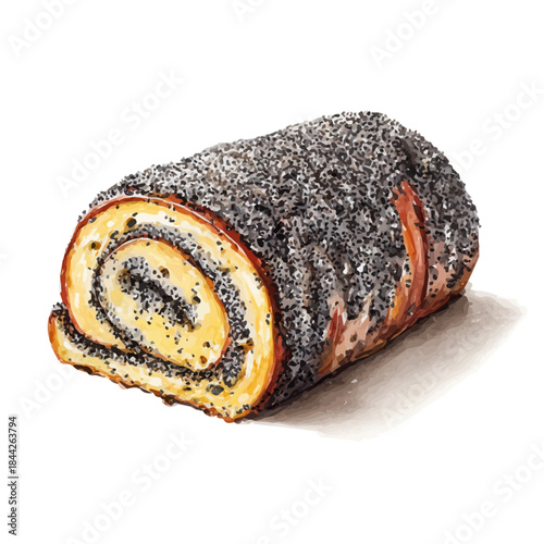 Watercolor-style vector illustration of Poppy Seed Roll, isolated on a clean white background.