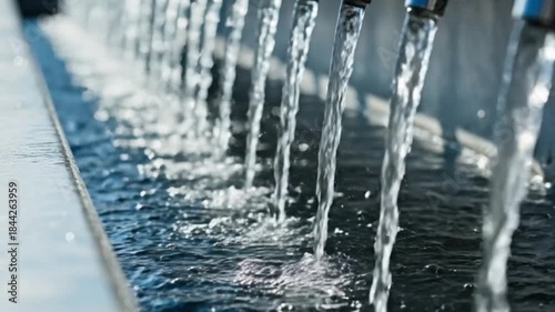 Crystal clear water streams flowing into a basin, symbolizing purity and continuous supply