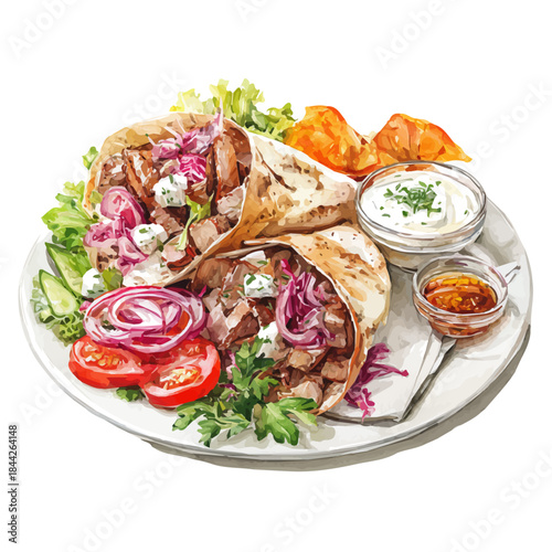 Watercolor vector illustration of Shawarma Plate, isolated on white background.