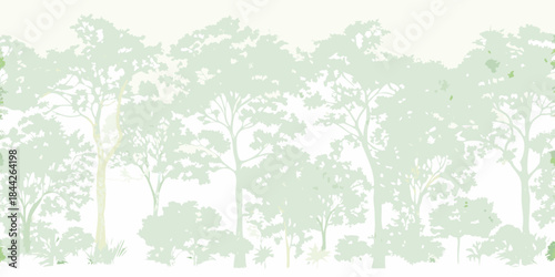 A serene illustration of a dense forest with varying tree heights