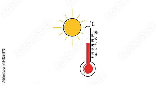 Cartoon illustration depicting high temperature with a sun and a thermometer marking a soaring