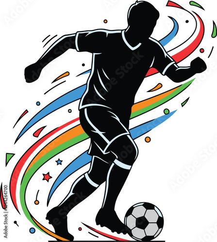 Passionate soccer player confidently dribbles a ball with a burst of vibrant colorful motion