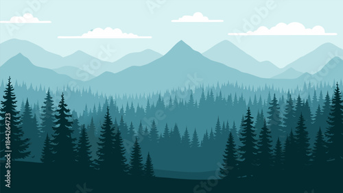 A serene, layered landscape of misty blue mountains and dense evergreen forests under a pale sky with scattered clouds.