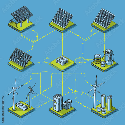 Distributed energy generation with sustainable power sources outline concept. Electricity distribution from alternative solar panels and wind turbines stored in central battery vector illustration.