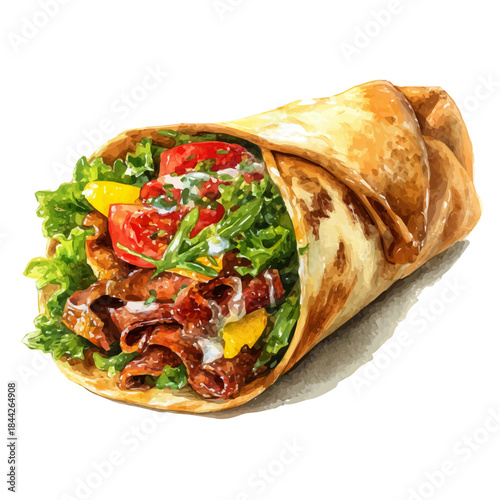 Shawarma, watercolor painting, vector illustration, isolated on a white background.