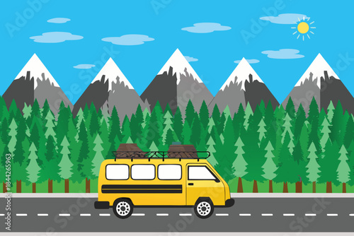 a cheerful yellow camper van travels along a winding road in a scenic