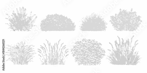 A collection of grayscale shrub and grass silhouettes displayed in rows