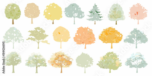 Collection of watercolor style trees in various colors and shapes