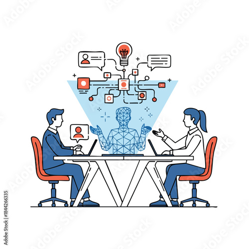 Business professionals collaborate in a tech-driven meeting, brainstorming innovative ideas and analyzing data with holographic projections for strategic problem-solving.