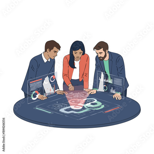 Diverse professionals intently analyze holographic data projections on a futuristic table, symbolizing collaborative innovation and modern digital progress.