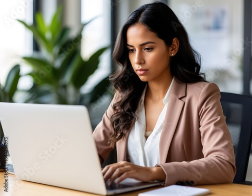 A focused businesswoman works on a laptop. A serious professional