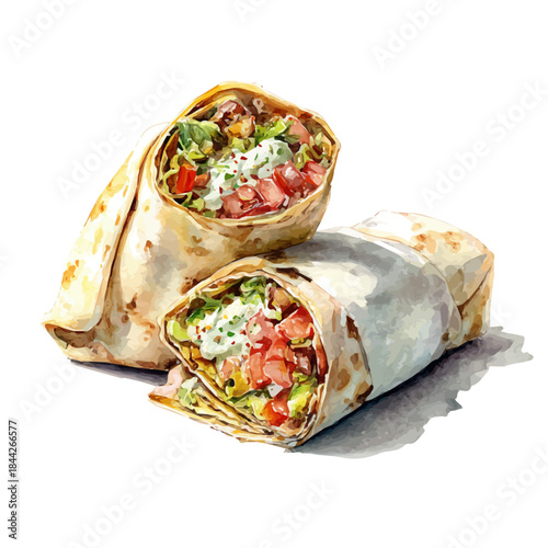 Shawarma, watercolor painting, vector illustration, isolated on a white background.
