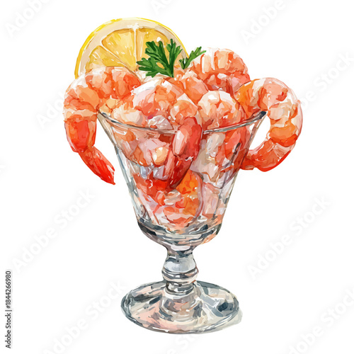 Shrimp Cocktail, watercolor illustration, vector style, isolated on a white background.