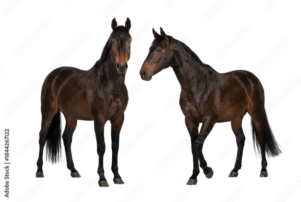 Fototapeta premium Two Dark Bay Horses Standing Isolated on White Background