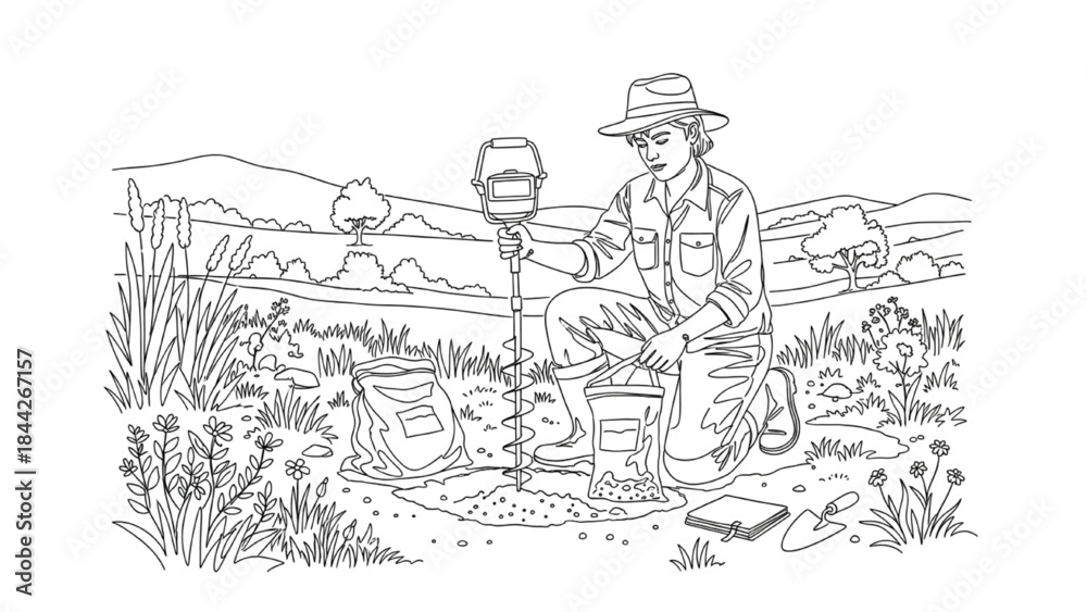 Obraz premium High-Quality Black Continuous Line Art of Environmental Scientist Collecting Soil Samples in Natural Landscape