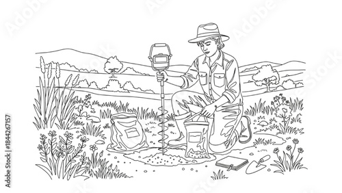 High-Quality Black Continuous Line Art of Environmental Scientist Collecting Soil Samples in Natural Landscape