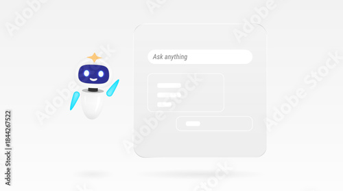 Modern artificial intelligence chatbot vector concept. Cute 3D robot character next to chat window with ask anything text. Virtual support assistant for customer service website or app design.