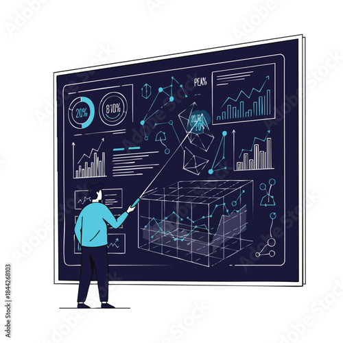 Analyst points to complex data visualization on a large screen, showcasing business intelligence and technological innovation.