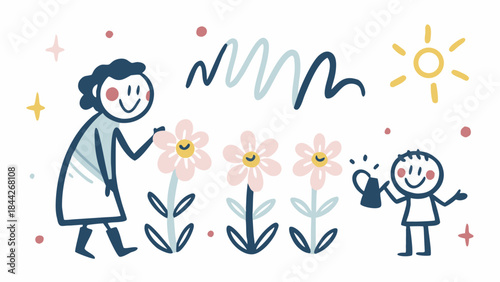 Child drawn illustration of a girl and boy tending pink flowers with sun and stars on white background, flat style, smiling faces, joyful scene