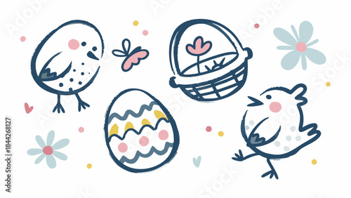 Flat illustration of easter line art icons set featuring two chicks, decorated egg, and flower basket on white background with colorful flowers and butterflies