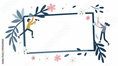 Flat illustration of two people decorating a large rectangular border with flowers and leaves on white background