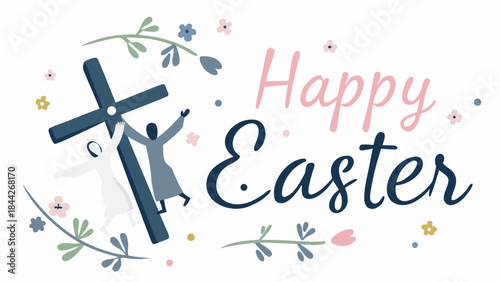 Flat illustration of a minimalist christian cross with easter greeting and floral decor