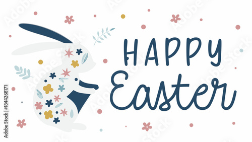 Flat illustration of a simplified forward facing white easter bunny with colorful flowers and leaves on its body and happy easter text on a white background with pastel dots and flowers