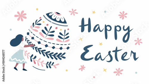 Flat illustration of a single easter egg with floral pattern and girl, happy easter greeting, spring holiday decoration with pink flowers