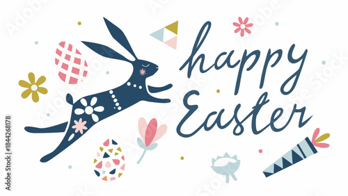 A minimalist flat illustration of a joyful dark blue rabbit jumping amidst colorful easter eggs flowers and confetti on a white background with happy easter text