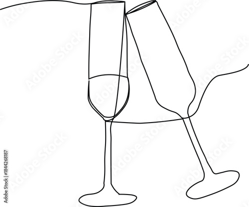 Two champagne flutes clinking One line illustration. Two wine glasses simple line art. Continous line Champagne flute glass. 