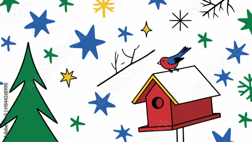 A vibrant cartoon scene featuring a red birdhouse with a bird on top, surrounded by a green tree, colorful stars, and bare branches on a white background, evoking a festive winter