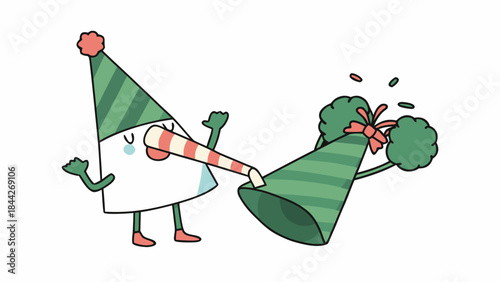 A cheerful cartoon character in a green striped party hat blows a long red and white horn into a matching green horn with a festive red bow on a white background