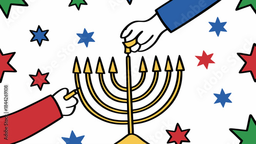 Two hands lighting a gold menorah with nine candles surrounded by colorful stars on white background for hanukkah celebration