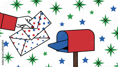 A cartoon hand depositing colorful polka dot envelopes into a red mailbox surrounded by blue and green stars on white background