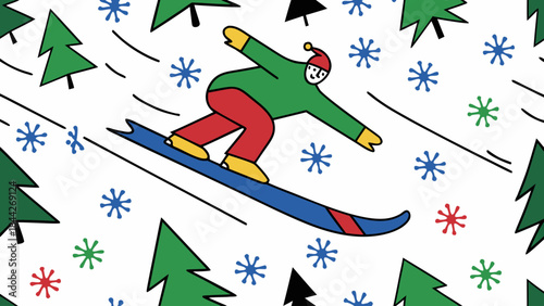 Colorful cartoon snowboarder wearing green sweater and red pants skiing down snowy hill with pine trees and snowflakes