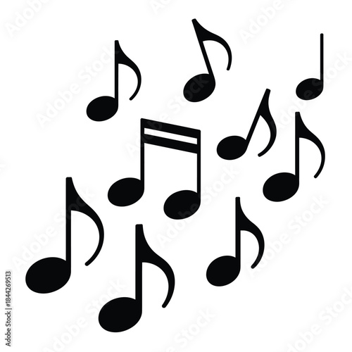 A collection of black musical notes floating in a white space