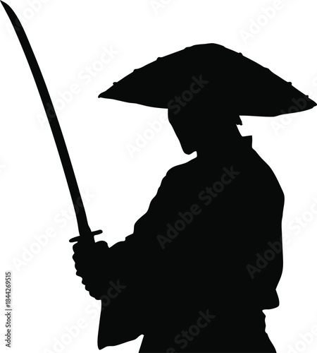 A striking silhouette of a samurai warrior with katana and traditional conical hat