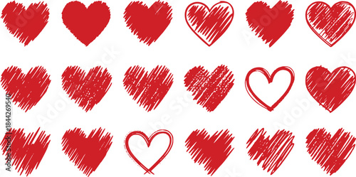 A set of various hand-drawn red heart shapes with scribble and outline textures on a clean white background.