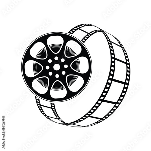 Black and white film reel illustration depicting classic cinema imagery