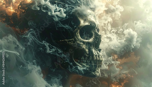 A skull emerging from a swirling cloud of smoke, with fiery embers glowing in the background