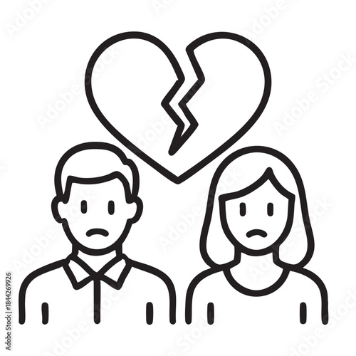 A simple black and white line drawing depicts a broken heart above a sad man and woman symbolizing heartbreak and