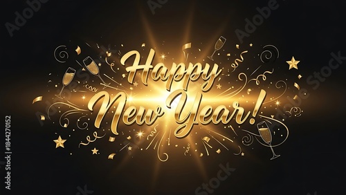 Happy New Year celebration with golden text, sparkling lights, champagne glasses, christmas tree background festive view
